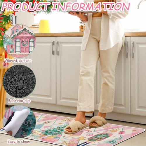 Drydiet 3 Pcs Pastel Pink Nutcracker Christmas Kitchen Rug and Mat Anti Fatigue Nutcracker Floor Mats Non Slip Washable Farmhouse Doormat Pastel Pink Christmas Decor for Kitchen Home Office Bathroom - color: Pink, style: Nutcracker