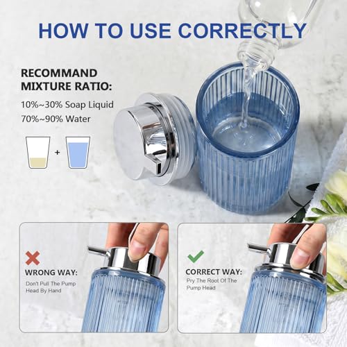 KASUNTING Blue Glass Foaming Soap Dispenser, Ribbed Foam Hand Soap Dispenser for Bathroom, 11 Fl Oz Refillable Foaming Pump Bottle with Black Pump, Modern Dish Soap Foam Dispenser - color: Blue Bottle+ Sliver Pump, size: Foam-1 Pack