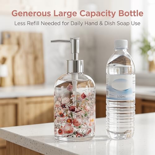 Topadorn 17oz Watercolor Floral Glass Soap Dispenser, Refillable Liquid Pump Bottle, Pink Flower Print for Bathroom Kitchen - color: Pink Flower
