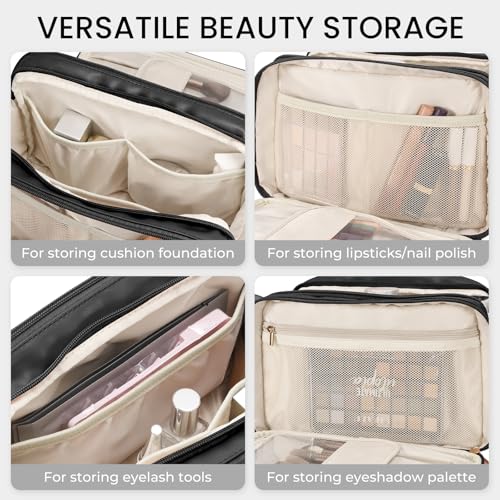HauteHues Travel Makeup Bag Women's Large Capacity Cosmetic Portable Organizer Large Opening Waterproof Storage Toiletry Bags Vertical Free-Standing Brush Holder for Easy Access Black - color: Black
