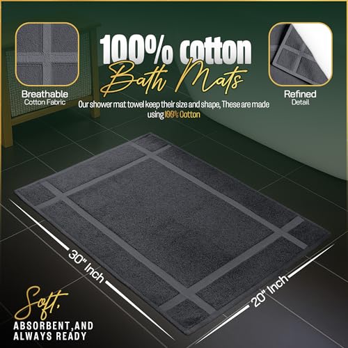 Pearl Linens 100% Ring Spun Cotton Bath Mat (Pack of 2) 20 x 30 Inch, Washable, Soft & Absorbent Terry Bathroom Floor Mat – Not Bathroom Rugs – Quick-Dry After Shower Bath Mat, 687 GSM, Dark Grey - color: Grey, size: 20x30 - Set of 2