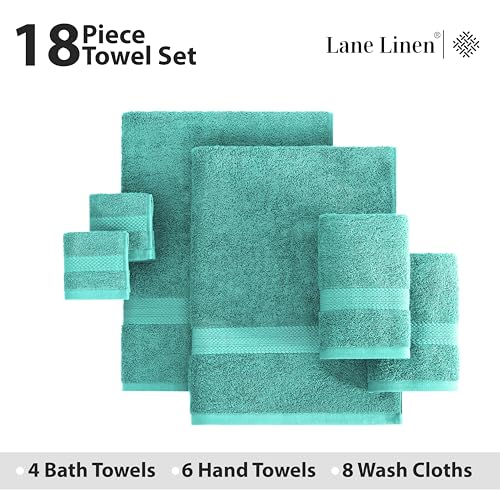 LANE LINEN 100% Cotton Bath Towels - 18 Pieces - Softer, Durable & Highly Absorbent - 4 Bath, 8 Wash Cloth, 6 Hand Towels - Perfect Family Set, Premium Quality, Oeko-TEX Certified - Teal - color: 11: Teal, size: 18 Piece Towel Set