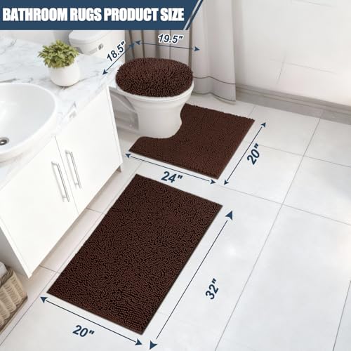 Bathroom Rugs Sets 3 Piece with Adjustable Toilet Seat Cover 19.5"x 18.5" Machine Washable Bath Rug Set with TPR Non Slip Rubber Backing Solid Bath Mat Set for Luxury Bathroom Decoration - color: Brown