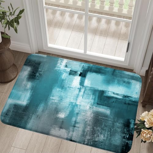 Teal Blue Abstract Bath Rug, Modern Grey Art Painting Bath Mat Sets for Bathroom, Soft Non Slip Floor Rugs 17X29 Inch - color: Teal