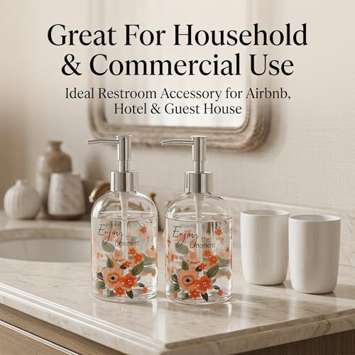 Topadorn 17oz Glass Soap Dispenser with Pump, Refillable Hand Soap Dispenser for Bathroom & Kitchen, Floral Design, Decorative Farmhouse Countertop Decor - color: Soft Pink