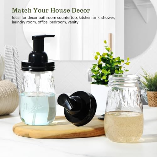 Amolliar 16Oz Foaming Soap Dispenser with Pump Lid, Plastic Refillable Foam Hand Dish Soap Dispenser Set, Clear Diamond Dispenser with Lable for Farmhouse Kitchen Bathroom (2 Pack, Black) - color: Clear Diamond Jar With Black Pump, size: 2 Pack
