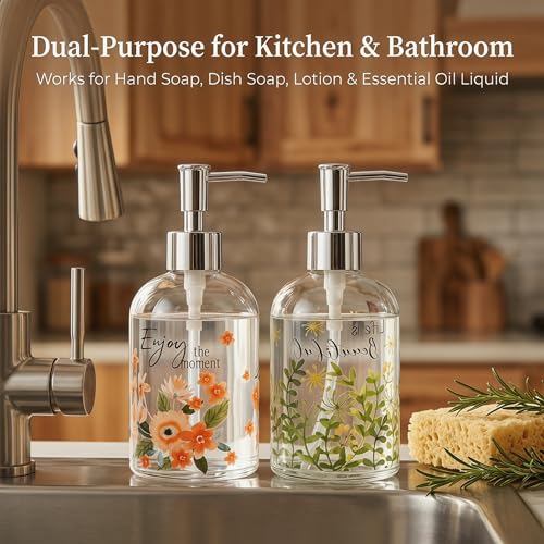 Topadorn Glass Soap Dispenser Set of 2, 17oz Refillable Hand & Dish Soap Pump Bottles, Floral & Botanical Bathroom Accessories, Decorative Kitchen Soap Dispenser Set, Cottagecore Farmhouse Decor - color: Pink and Green