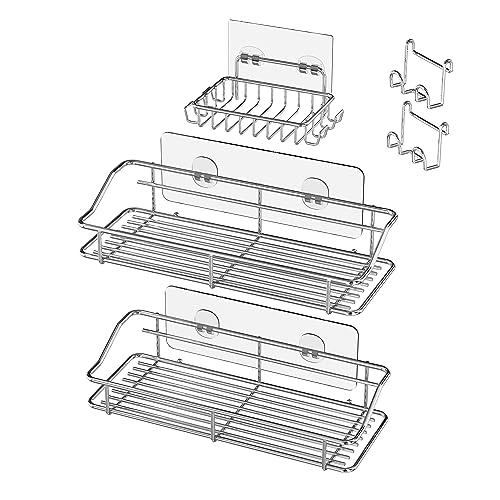 Nieifi Shower Caddy Shelf with Hooks Storage Rack Organizer Adhesive Stainless Steel without Drilling for Bathroom, Lavatory, Washroom, Restroom, Shower, Toilet, Kitchen (Sliver, 3 Pack) - color: A-Silver, size: 3 Pack