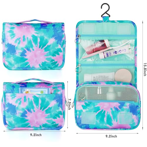 Tie Dye Hanging Toiletry Bag for Girls, Travel Toiletry Bag for Teen Girls Cosmetic Makeup Waterproof Wash Bag Traveling Toiletries, Green Teal - color: TIE-DYE-Teal