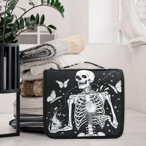 MNSRUU Hanging Toiletry Bag Gothic Skull and Butterflies Travel Makeup bag for Toiletries Portable Travel Toiletry Organizer Cosmetic Bags with Hanging Hook - color: Skull A10819