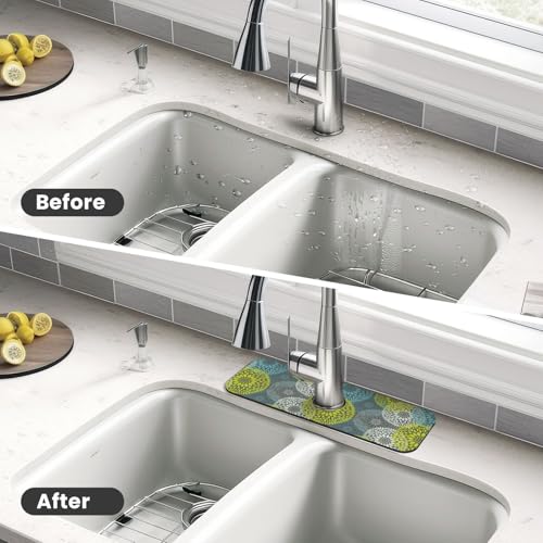 Blue Green Gray Flower Chrysanthemum 15" X 5.5" Kitchen Sink Splash Guard Faucet Faucet Guard Draining Mat Sink Splash Guard Faucet Kitchen Bathroom - color: Blue Green Gray Flower Chrysanthemum