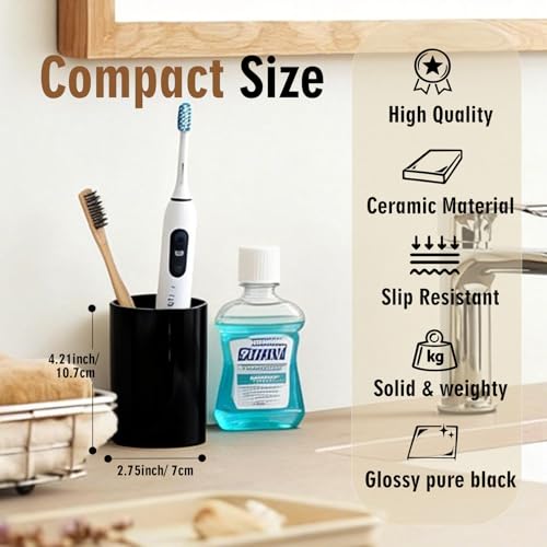 Glossy Black Ceramic Toothbrush Holder for Bathroom Countertop | Holds toothbrushes, toothpaste, floss picks, pen, or small vanity tools. - size: 1pcs