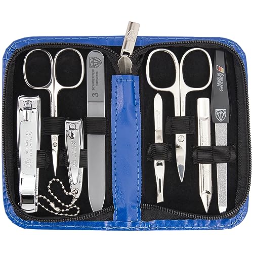 3 Swords Germany - brand quality 8 piece manicure pedicure grooming kit set synthetic leather case blue - Made in Germany - color: BLUE