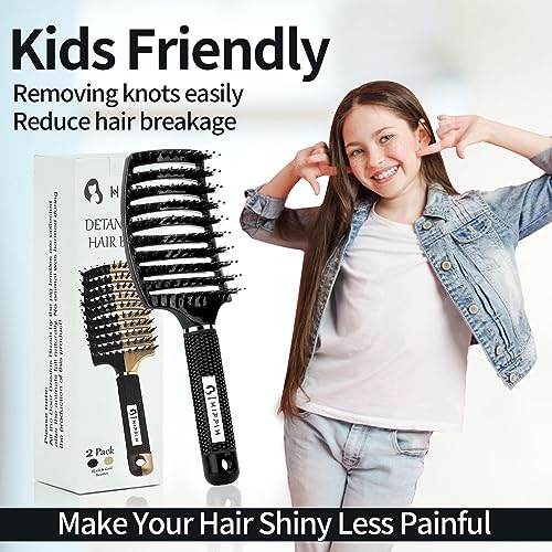 Boar Bristle Hair Brush Set of 2, HIPPIH Wet & Dry Hair Brushes Made by Fine Natural Boar Hair Can Adds Shine and Smoothing, Detangling Hairbrush for Women, Men & Kids' Long Curly Thick Hair - color: Black & Gold