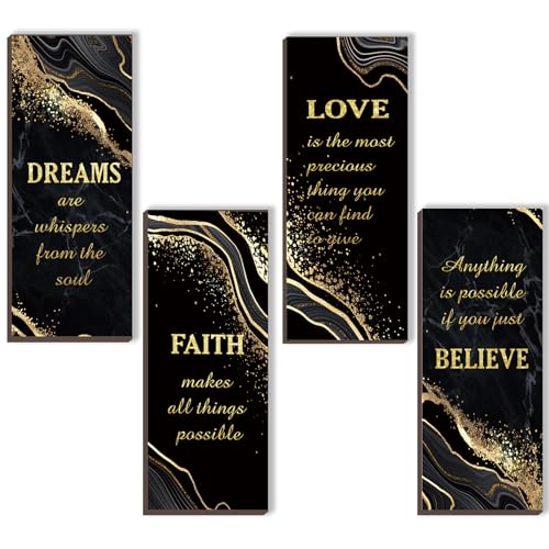 ONIZHITY 4 Pcs Black and Gold Bathroom Decor Gold Wall Decor with Dreams Faith Love Believe Wooden Rustic Marble Style Versatile Bathroom Accessories for Bedroom Living Room Kitchen(Black Gold 10X4) - color: Black Gold