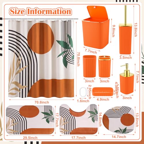 Patelai 10 Pcs Boho Mid Century Bathroom Accessories Set Orange Shower Curtain and Rugs Modern Minimalist Farmhouse Bathroom Decor Trash Can Soap Dish Toilet Lid Cover Toothbrush Holder Cup for Home - color: Orange, style: Boho