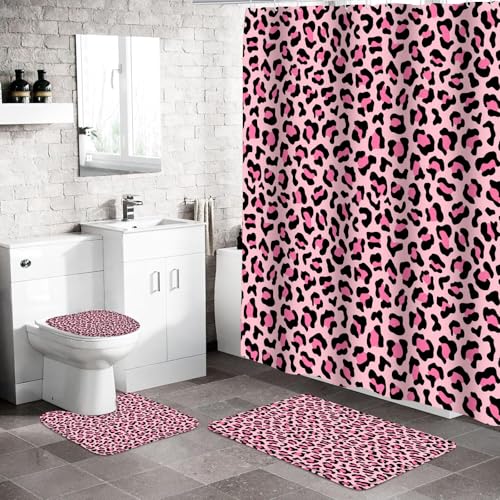 4 PCS Leopard Shower Curtain Cheetah Print Shower Curtain Sets Non Slip Bathroom Rugs Soft Plush Bath Mat Toilet Lid Cover Animal Print Shower Curtains with 12 Hooks for Bathroom Tub, Pink - color: Pink