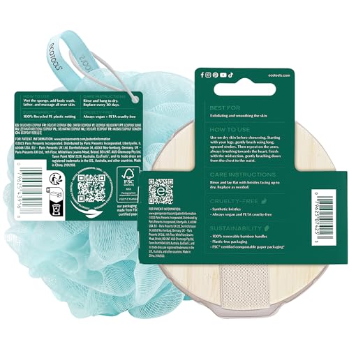 EcoTools Dry Body Brush for Circulation, Dead Skin Removal + Blue Delicate EcoPouf Made with Recycled Netting for Cleansing & Exfoliating Sensitive Skin, Self-Care Gifts - color: Blue
