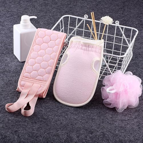 Set of 3 Bath Back Exfoliating Set, Loofah Sponge, Bath Glove,Gently Exfoliate Skin, Remove Dryness(Pink)