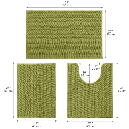 Urvoix Bathroom Rugs Sets 3 Piece, Non-Slip Chenille Bath Rug - Ultra Soft, Washable, Super Absorbent Bath Mat for Bathroom, Toilet and Tub (Moderate Olive) - color: Moderate Olive