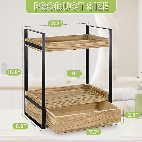 Ukonvi 2-Tier Bathroom Organizer Countertop with Drawer, Wood Counter Shelf for Storage, Vanity Tray for Organization and Decor, Countertop Organizer for Bathroom, Kitchen, Office (Brown) - color: Brown