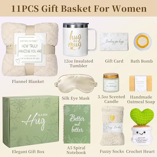 Get Well Soon - Self Care Package Gift Basket for Women & After Surgery, 11pc Sympathy Feel Better Gift Set with Flannel Blanket & 12oz Mug for Mom, Teacher, Wife, Sister, Friend (White) - color: White