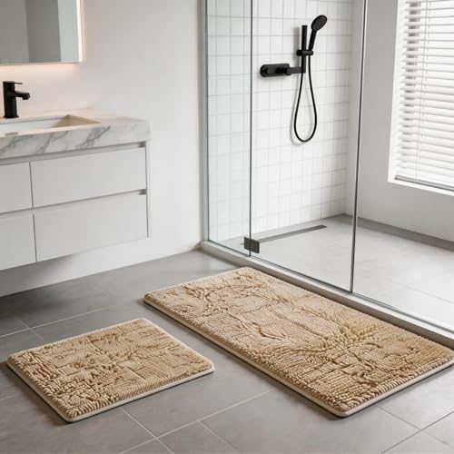 RUN HELIX Beige Bath Mat Set - 32"L x 20"W + 24"L x 16"W, Non Slip, Machine Washable, Home Decor - color: Beige, size: 32"L x 20"W + 24"L x 16"W