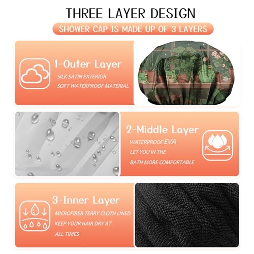 Luxury Shower Cap Terry Lined Reusable Triple Layer Waterproof Hair Elastic Caps Shower Bath Hat for Women Girls Cute Aesthetic-Frog - color: AL18-Frog