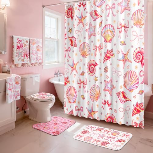 Tatuo 8 Pcs Beach Shower Curtain Set Blue Bow Ocean Summer Beach Party Bathroom Accessories Sets Coquette Starfish Coastal Waterproof Shower Curtain with Towels Carpet Bath Mat Toilet Rugs 12 Hooks - style: Pink Ocean