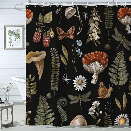 Vintage Mushroom Shower Curtain, Black Botanical Floral Woodland Nature Forest Plants Witchcraft Bathroom Curtain, Waterproof Polyester with Hooks 60 x 72 inch - color: Green Red Black, size: 60"W x 72"L (Pack of 1)