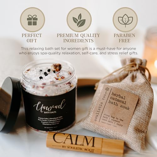 Relaxing Bath Gift Set for Women – Ready-to-Gift Spa Gift Set with Calm Essential Oil Roller, Epsom Bath Salts & Organic Lavender Oatmeal Bath Soak by Soulistic Root
