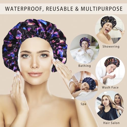 4 PCS Shower Cap for Women, Elastic and Reusable Bath Caps, Double Layers Shower Caps Reusable Waterproof, Bathing Shower Caps, Environmental Bath Hair Protection Cap - Butterfly A - color: Butterfly A