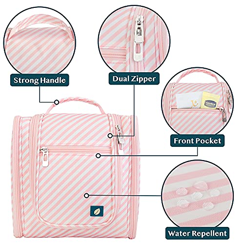 PAVILIA Toiletry Bag Travel Bag for Women Men, Hanging Cosmetic Organizer, Water Resistant Makeup Bag for Accessories Toiletries, Large Travel Essentials Kit (Pink Stripe) - color: Pink Stripe, size: Standard (9x4x9)