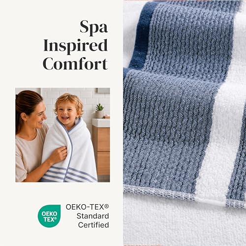 Modern Threads 6-Piece Towel Set – 100% Cotton, Quick Dry, Ultra Absorbent – Includes 2 Bath, 2 Hand, 2 Washcloths (White/Reinhart Blue) - color: Blue, style: Classic Stripe