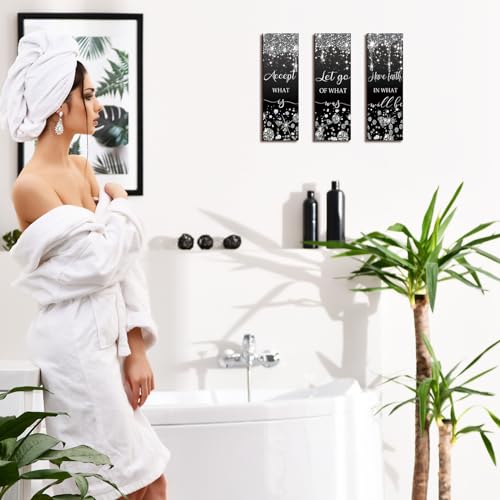 Domensi 3 Pcs Black and Silver Living Room Decorations Glitter Diamond Bathroom Wall Decor Wooden Accept Let Go Have Faith Wall Art Bathroom Decor Black Silver Shiny Drips Hanging Sign for Home Spa
