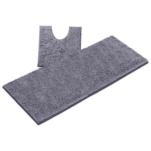 LuxUrux 2-Piece Bathroom Rug Set – Plush Chenille Runner & U-Shaped Toilet Mat, Soft, Absorbent & Non-Slip Design (20x20 U & 27x47 inches, Dark Grey) - color: Dark Grey, size: 2 Piece Set - X Large