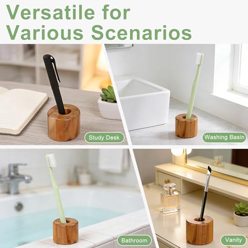 HTB Toothbrush Holder for Bathroom 2 Pack Teak Wood | Toothbrush Stand Organizer Base Station Hollow Drainage Design,Small Countertop Organizer for pens,Makeup Brushes,Space Saver - color: Cylinder