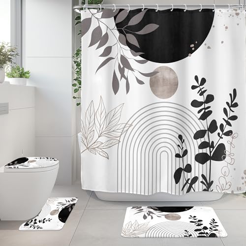 Riyidecor Black White Boho 4Pcs Bathroom Shower Curtain Sets Gray Retro Abstract Leaves Bathroom Decor Set with Rugs and Accessories Modern Neutral Toilet Lid Rug, Contour and Bath Mat with 12 Hooks - color: 06black White