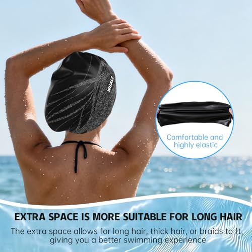 WHALE Extra Large Swim Cap Designed for Men and Women with Thick, Long Hair, Hair Extensions Or Afro-Textured Hair Long-Hair Swim Cap Highly Waterproof to Keep Hair Dry - color: Black