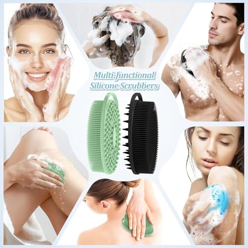 Soft Silicone Body Scrubber Set, 2PCS Dual-Side Silicone Loofah for Gentle Exfoliating and Scalp Massaging, Hygienic Shower Scrubber Shampoo Brush for Kids, Women, Sensitive Skin(Black+Green) - color: Black+green