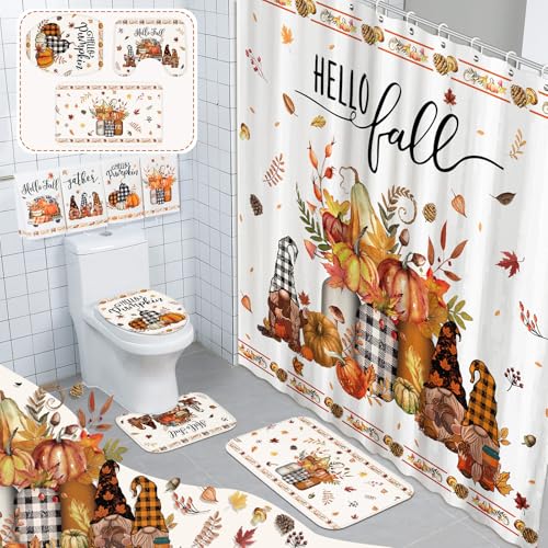 FuWeave 8 Pcs Fall Shower Curtain Set for Bathroom Include Harvest Autumn Hello Fall Gnome Shower Curtain Towels Non Slip Rugs Toilet Lid Cover Pumpkin Bath Mat and 12 Hooks for Bathroom Decor - color: Gnome