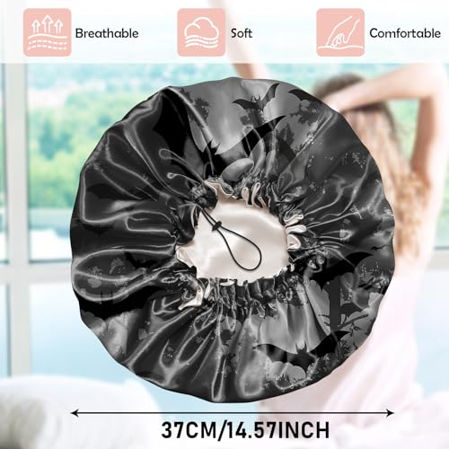 Luxury Shower Cap Satin Silk Lined Adjustable Elastic Reusable Waterproof Shower Bath Cap Cute for Women Girls-Black Bat - color: AK5-Black Bat