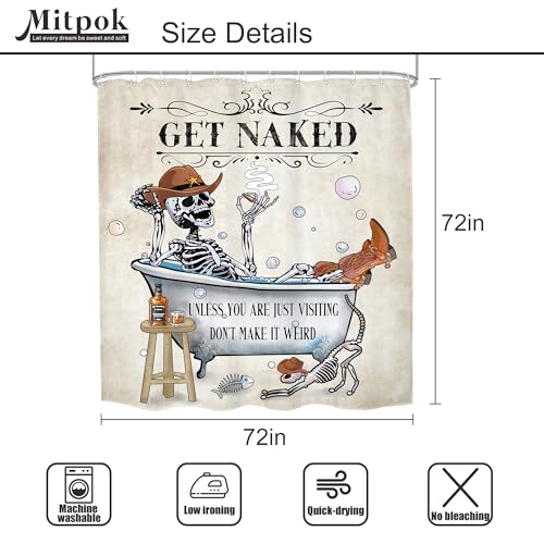 4 PCS Funny Skull Skeleton Shower Curtain Set 72Wx72H Halloween Bathroom Set Western Non-Slip Bath Rug Toilet Lid Cover U Shape Mat Complete Bathtub Accessories with 12 Hooks Bathroom Decor - color: A 02skeleton, size: 72"W x 72"L (Pack of 4)