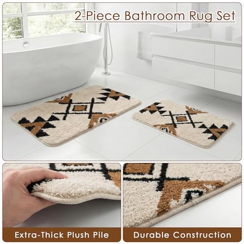 Arttown White Boho Aztec Vintage Bathroom Rug Set 2 Piece Fluffy Microfiber Bathroom Mat Non-Slip Water Absorbent Bath Rug Soft Washable Floor Rug for Tub Showers Laundry Room Decor (16"x24"+20"x32") - color: White Brown
