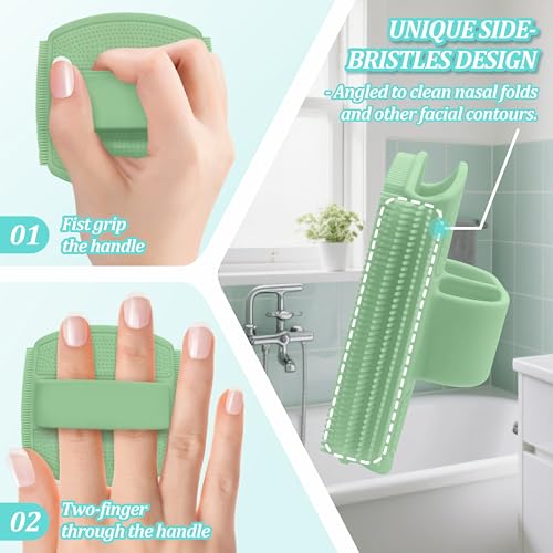 Silicone Back/Face Scrubber & Bath Glove Set 3PCS, Extendable Back Scrubber with Dual-Side Large Head, 360° Anti-Slip Bath Glove, Unique Side-bristle Face Scrubber for All-round Cleaning(Green) - color: Green*3