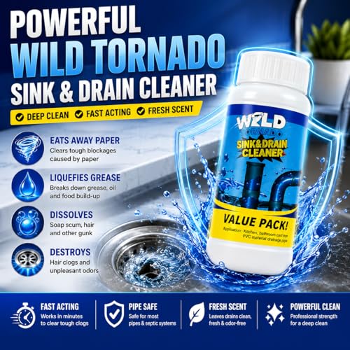 Wild Tornado Sink and Drain Cleaner, Drain Clog Remover & Opener (4pcs) | Wild Tornado Sink and Drain Cleaner, Fast Foaming Drain Clog Remover & Opener for Kitchen Sinks, Toilets & Pipes
