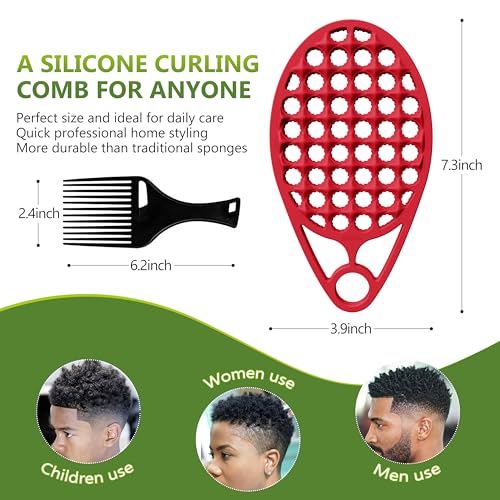 KOUPA Silicone Afro Twist Brush with Pick Comb - Easy Clean Dual-Sided Design with Textured Holes for Defined Afro Curls, Suitable for Coily Hair Men & Women, Red - color: Red