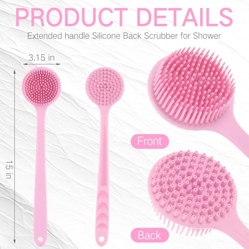 Sunnyray 2 Pack Silicone Back Scrubber for Shower with 15" Long Handle Double-Sided Bath Body Brush for Exfoliating Easy to Clean Quick Dry Deep Cleaning Lathers Well(Pink) - color: Pink