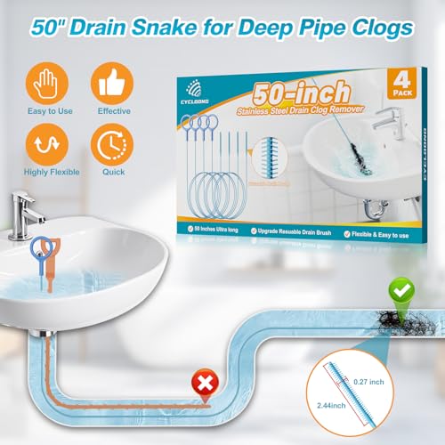 50 Inch Drain Snake Hair Drain Clog Remover Tool for Bathroom Sink – 4 Pack | Reusable Brush, 50-Inch Break-Resistant Steel Wire Rope with Nylon Coating, 0.27-inch wand for Shower Drain Cleaning