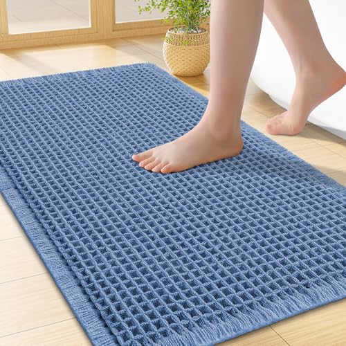 Smiry Waffle Bath Mat 24x16, Extra Soft Absorbent Bathroom Rugs, Non Slip Machine Washable Quick Dry Bath Rugs for Bathroom Floor, Tub, Shower, Home Decor Accessories, Blue - color: Blue, size: 24'' X 16''
